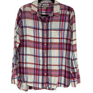 WOOLRICH Women’s Flannel Button Shirt XL Red Blue Plaid Soft Long Sleeve Pockets